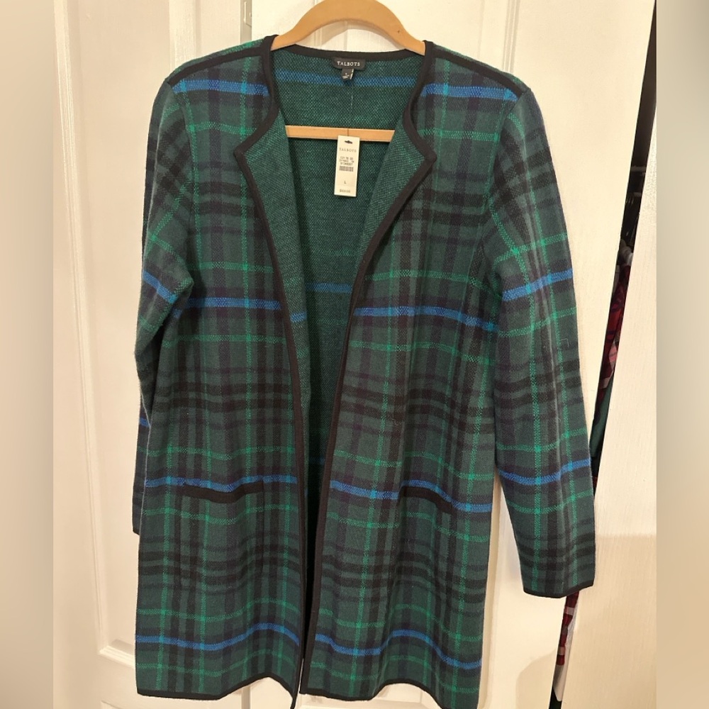 NWT Talbots Wool Blend Plaid Open Front Long Cardigan Sweater Jacket Size L